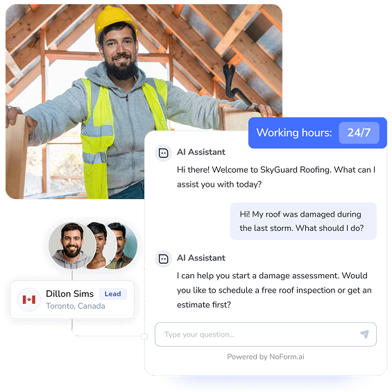 AI-powered roofing chatbot automating lead generation, customer interactions, and support—boosting sales, improving efficiency, and scaling roofing businesses with artificial intelligence and seamless integration.