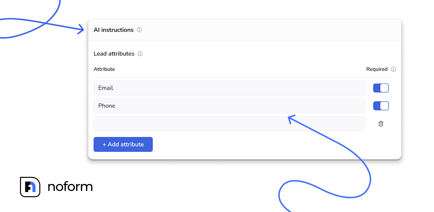 Set up lead criteria in the dashboard
- A screenshot of the lead attributes configuration tab in NoForm AI