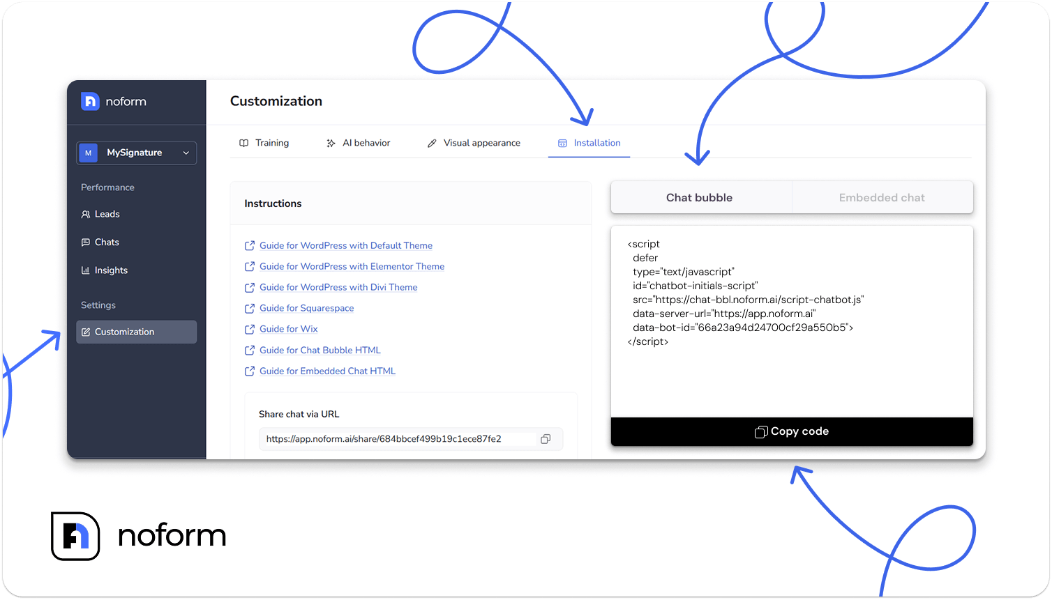 Deploy the chatbot on your site - Screenshot of the qualification chatbot installation code automatically generated by NoForm AI