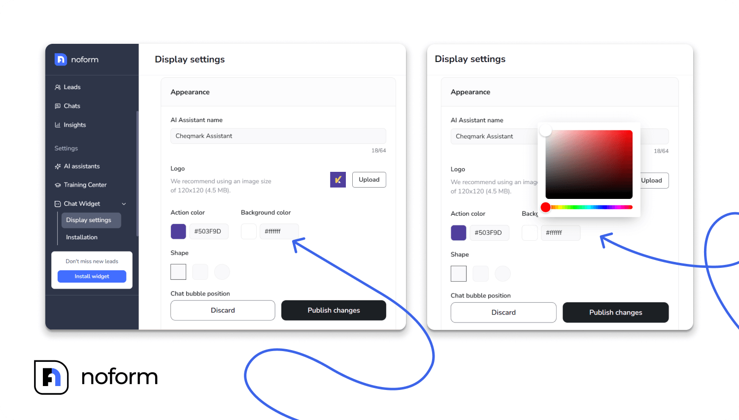 A screenshot explaining how can I customize the appearance of my chatbot with branding colors and logo placement.
