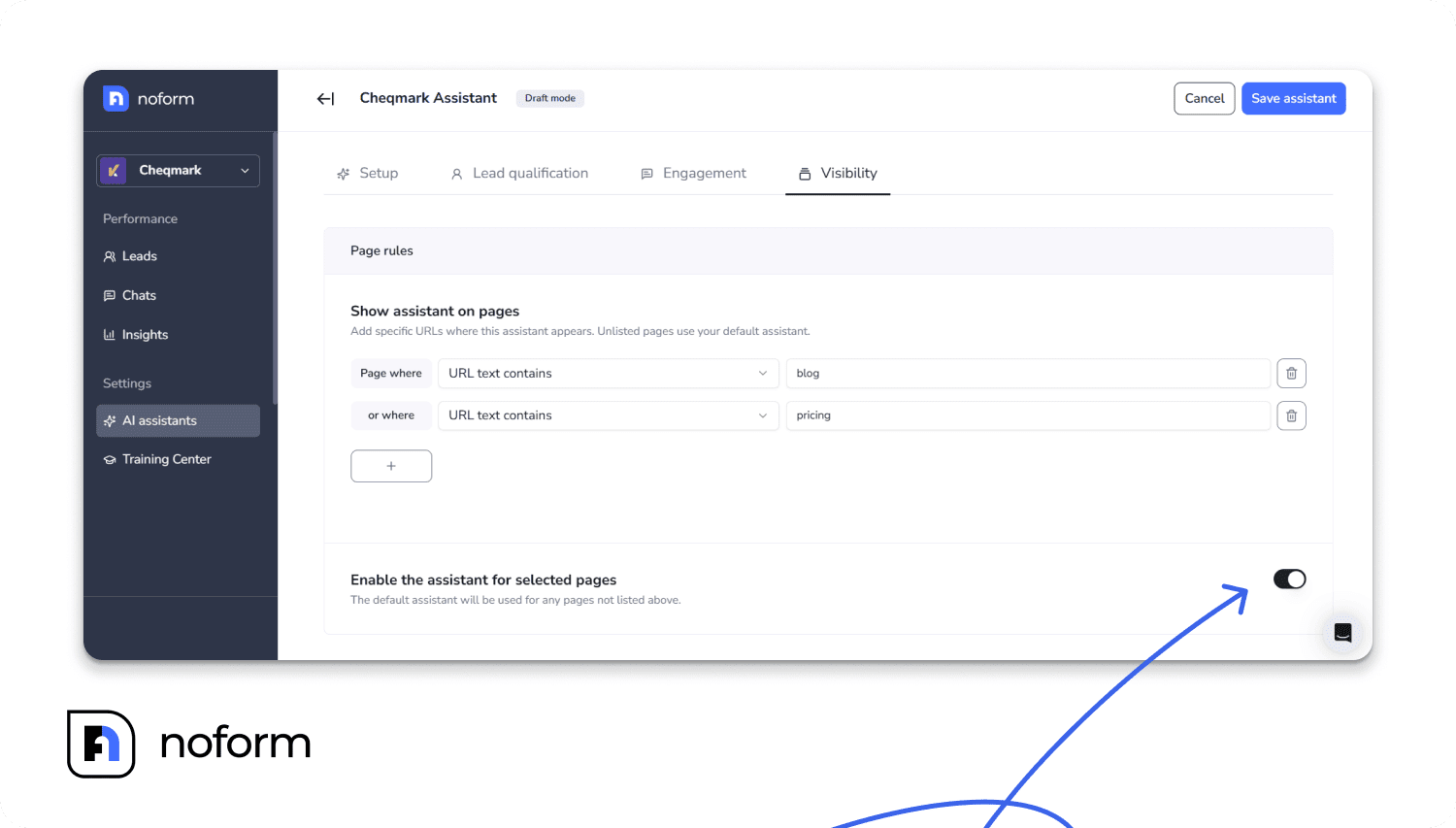 Pages without an explicit rule will use the Default Assistant.