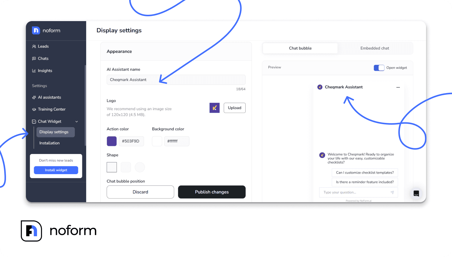A dashboard showing AI chatbot customization options for adjusting colors, logos, and chat bubble shapes to match brand identity.