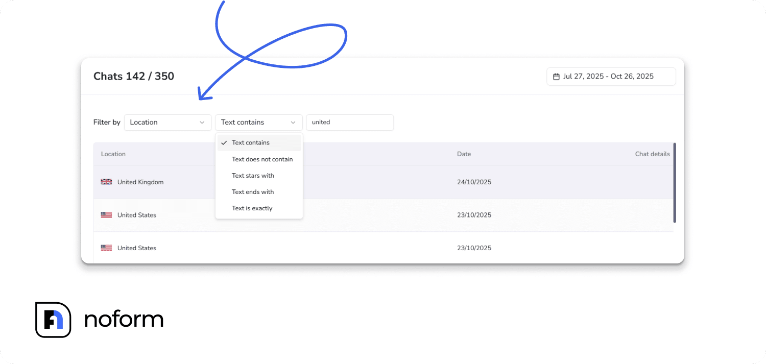 Filtering options in the Chats tab - location