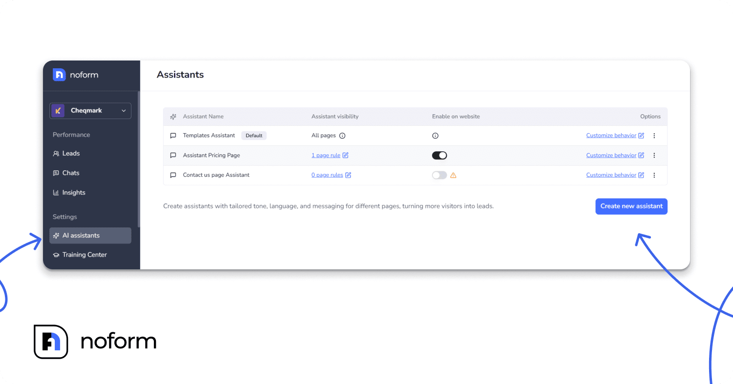 Log in to NoForm → AI assistants → Create assistant