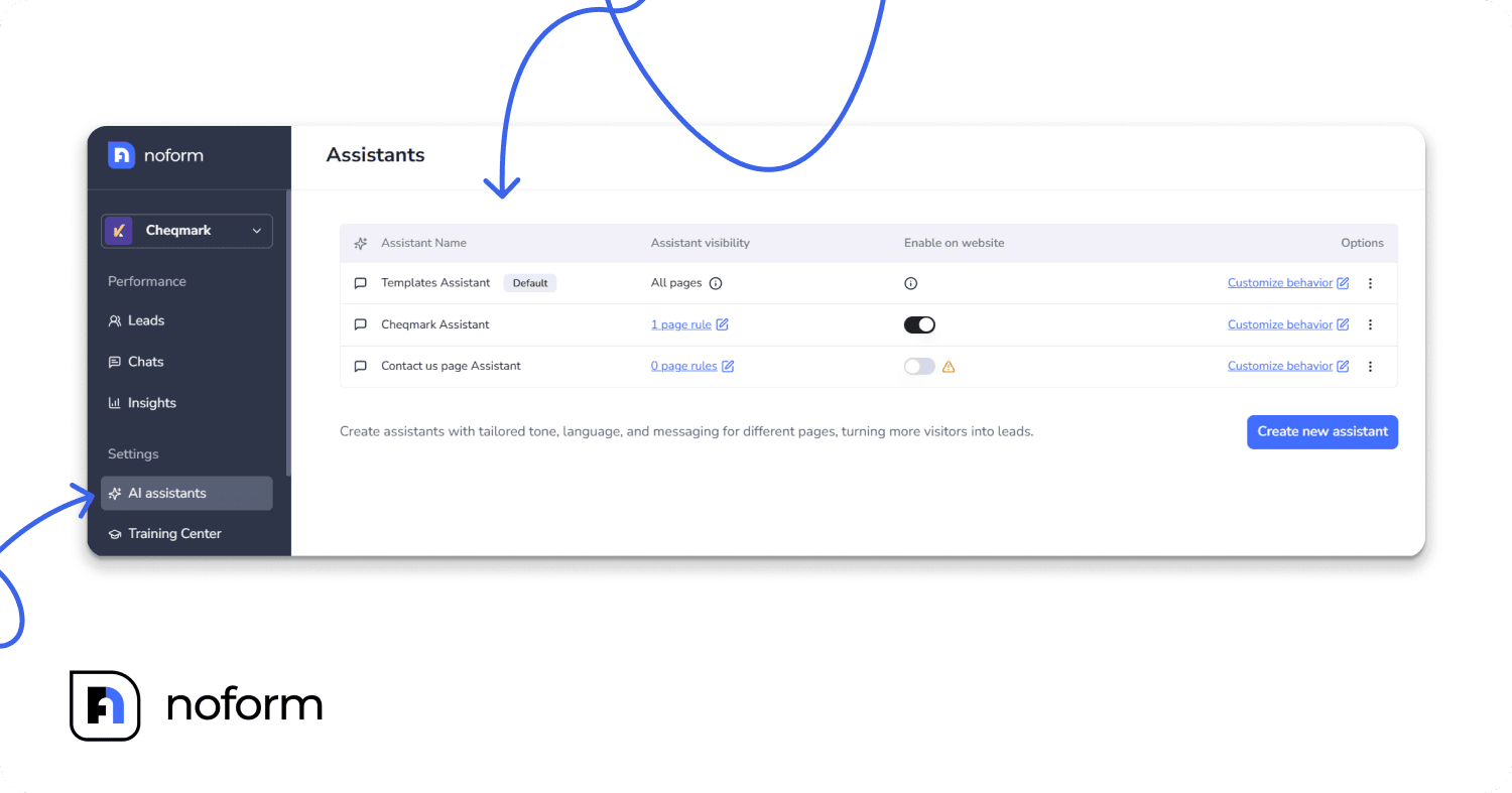 One of NoForm's most powerful features is the ability to deploy different assistants that capture different types of leads based on where visitors are on your site.