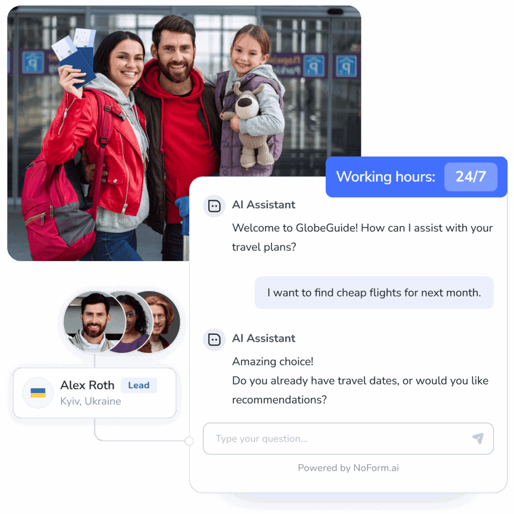 NoForm AI travel chatbot platform showing a chatbot for travel agency workflows and automated client interactions.