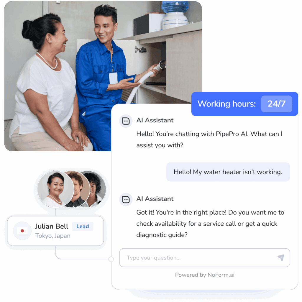 This image illustrates a conversational AI chatbot for a plumbing services business, providing 24/7 customer support and advanced digital lead generation by qualifying service requests, such as this water heater repair inquiry, directly on the website for immediate sales follow-up.