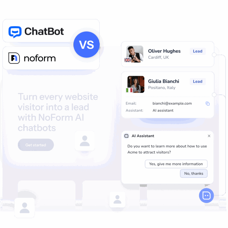 Visual comparison between a general 'ChatBot' solution and the 'noform' product, demonstrating how NoForm AI chatbots are designed to convert website visitors into qualified leads by generating detailed user profiles with contact details, locations, and personalized automated assistant conversations.