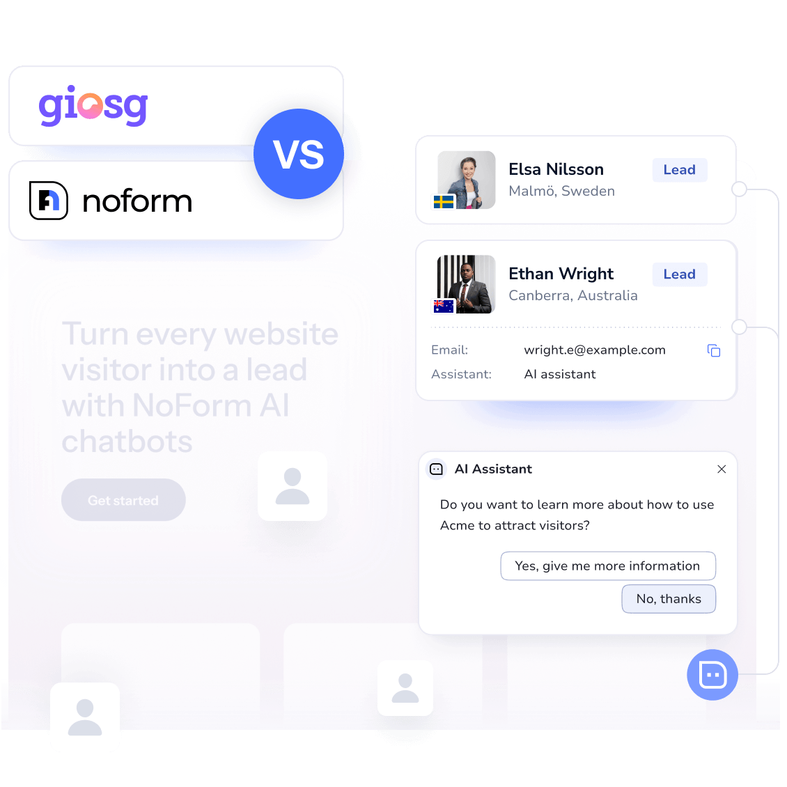 NoForm AI vs. Giosg comparison, autonomous AI lead capture vs. live chat platform
