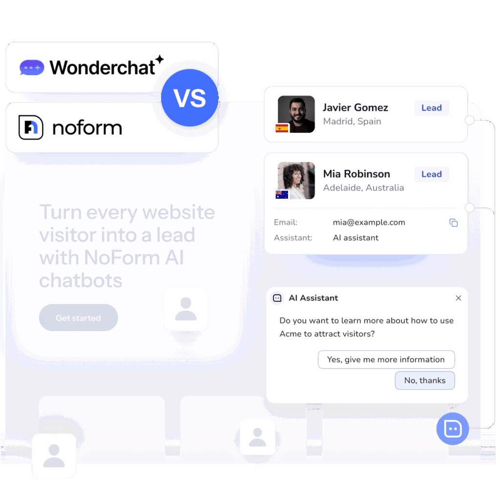 Compare Wonderchat vs NoForm AI. Need a Wonderchat chatbot alternative? Boost your website conversion rate with a proactive AI website chat and an automated lead qualification bot built for sales, not just support.