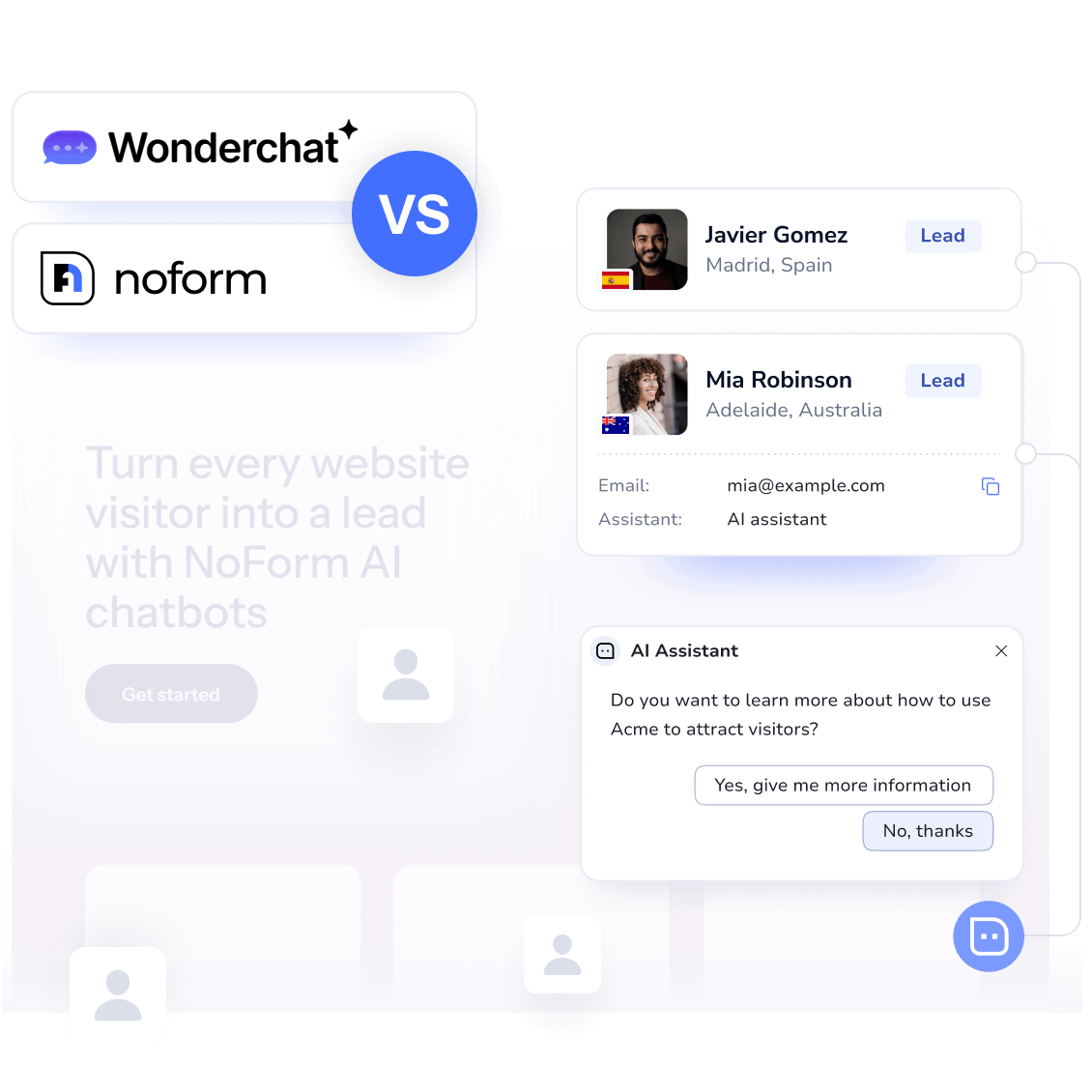 Compare Wonderchat vs NoForm AI. Need a Wonderchat chatbot alternative? Boost your website conversion rate with a proactive AI website chat and an automated lead qualification bot built for sales, not just support.