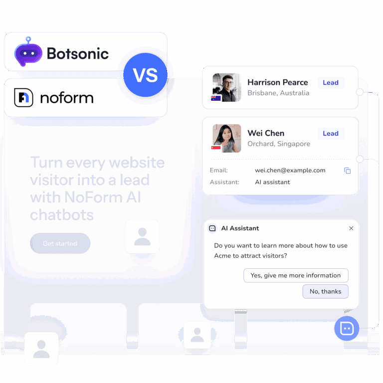 NoForm AI vs. Botsonic comparison, autonomous website lead capture vs. multi-channel AI chatbot platform