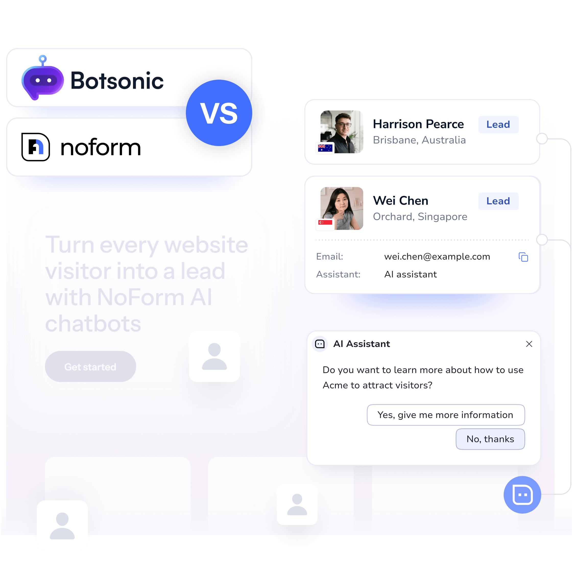 NoForm AI vs. Botsonic comparison, autonomous website lead capture vs. multi-channel AI chatbot platform