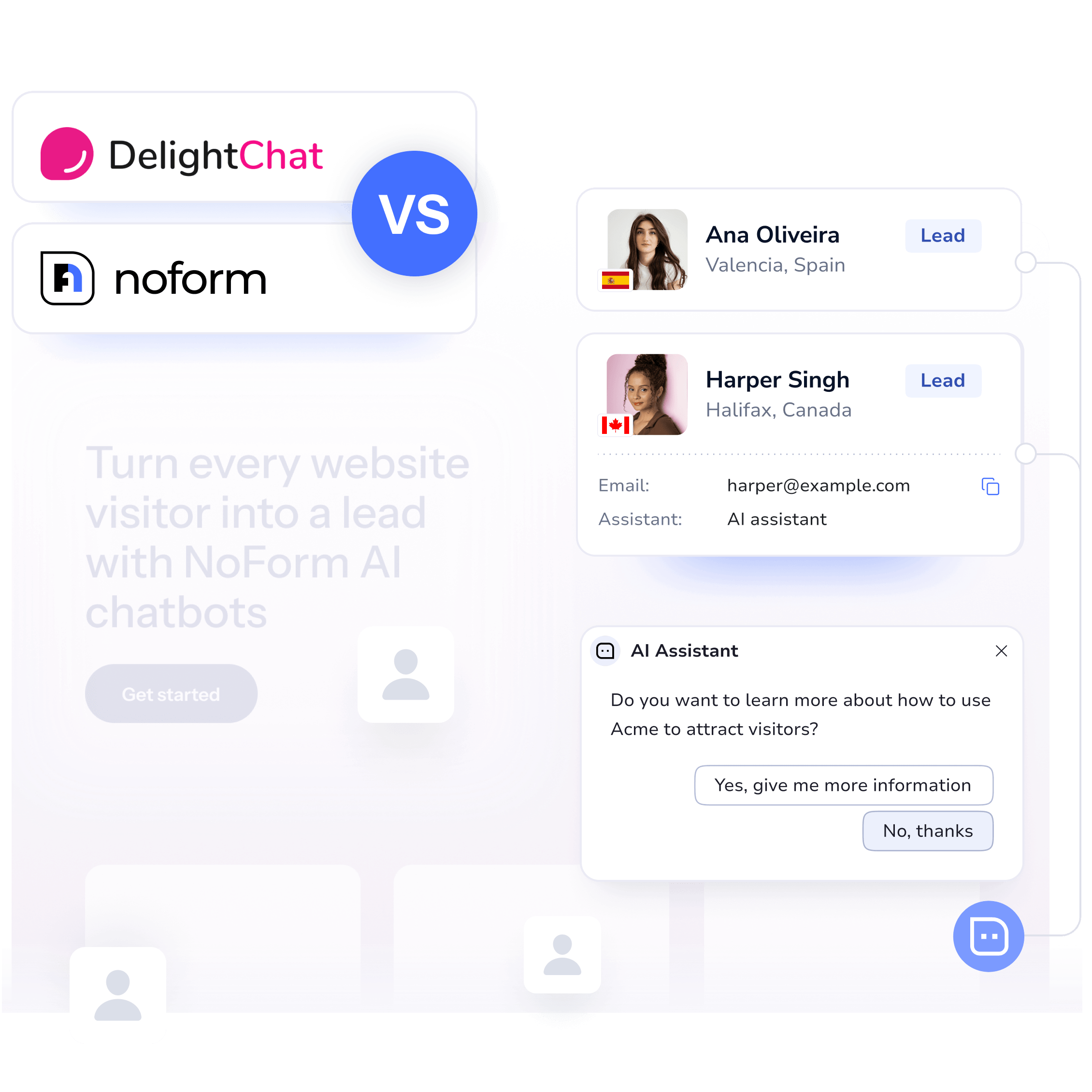 NoForm AI vs. DelightChat comparison, autonomous AI lead capture vs. omnichannel customer support inbox