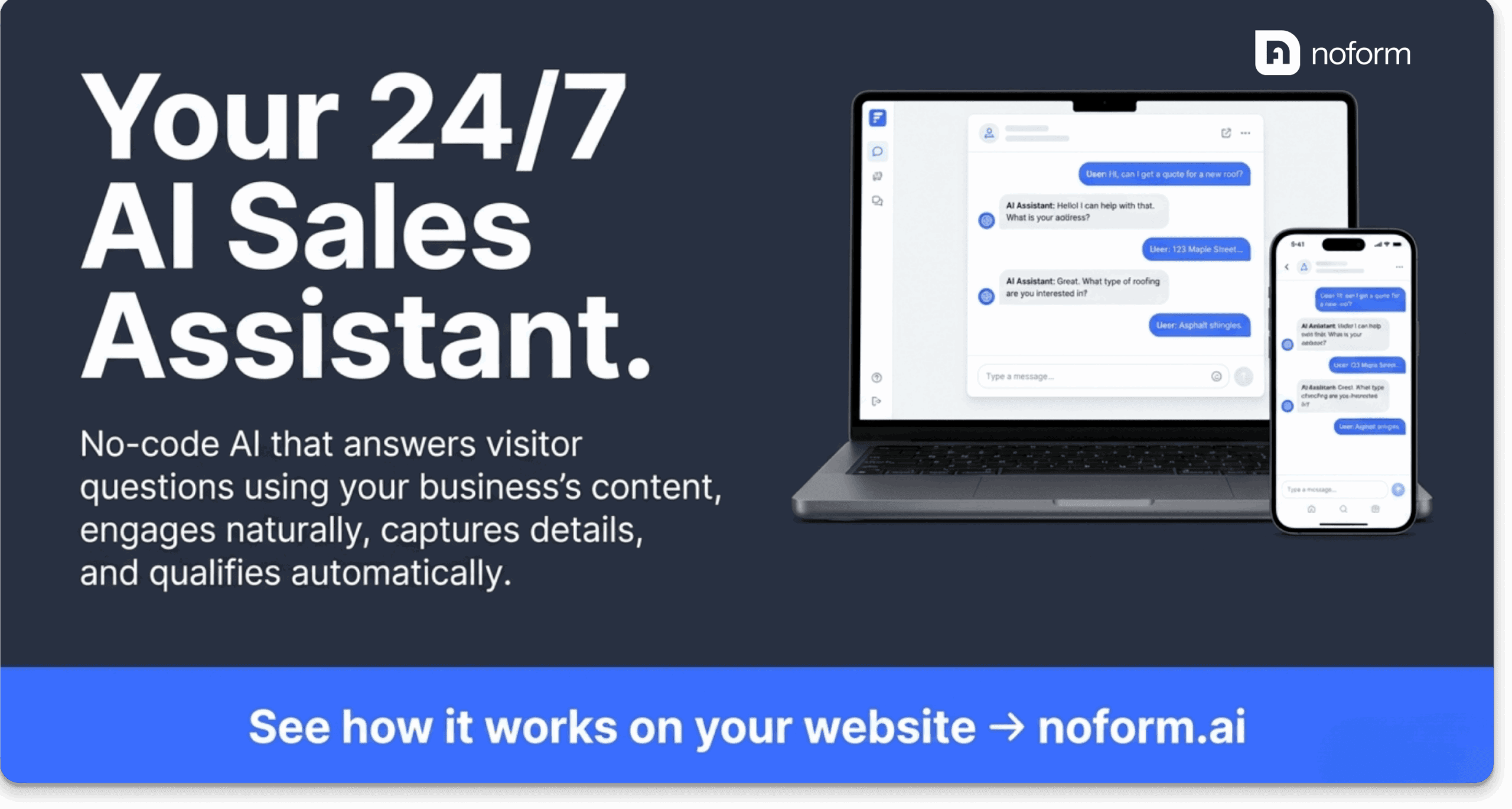 A tablet showing how an AI assistant trains on existing website content, answers visitors 24/7, and flags qualified leads without added staff