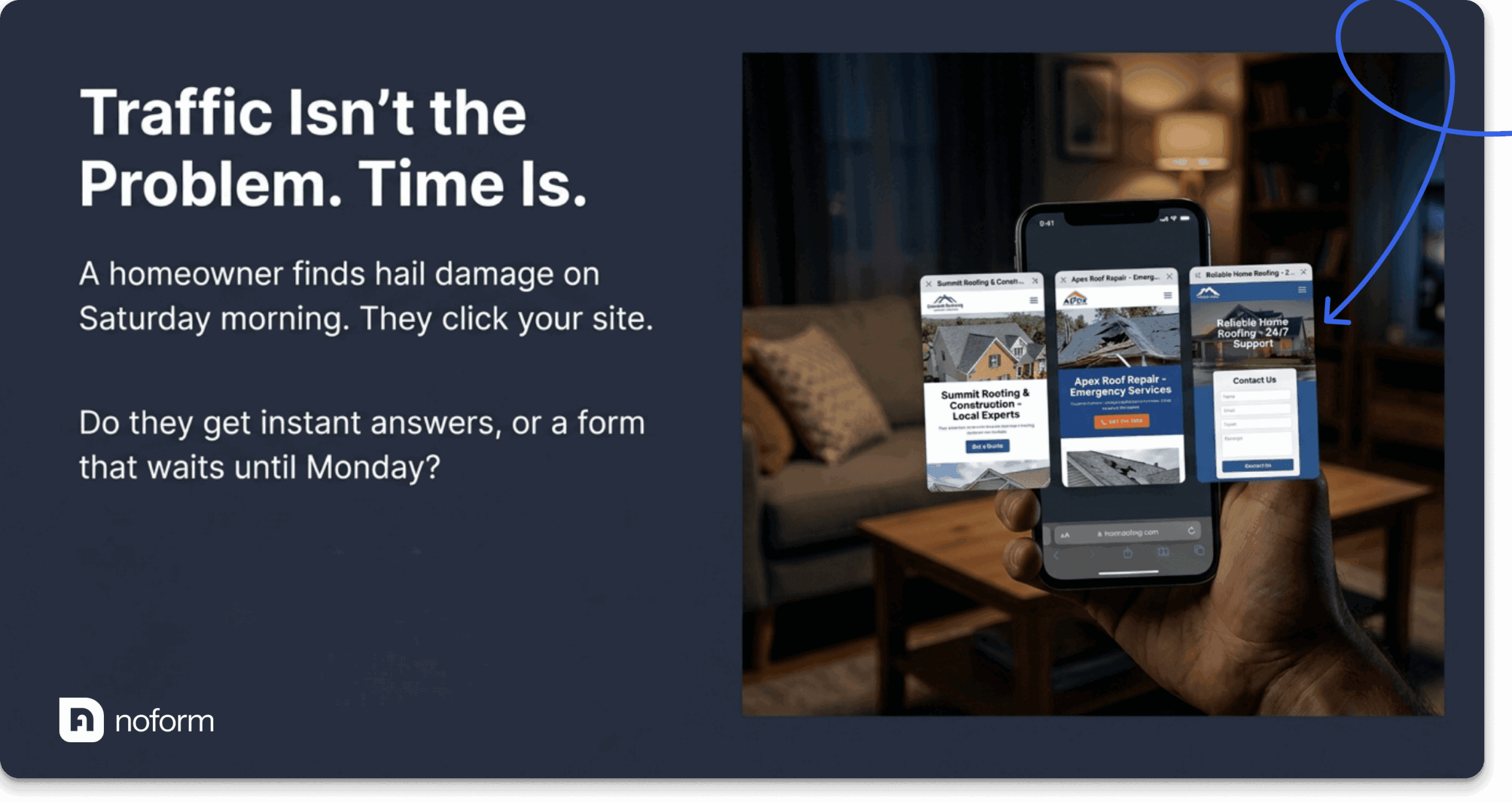 Hand holding a smartphone displaying three roofing company websites, illustrating that over 80% of roofer-related searches now happen on mobile devices per 2026 roofing chatbot statistics