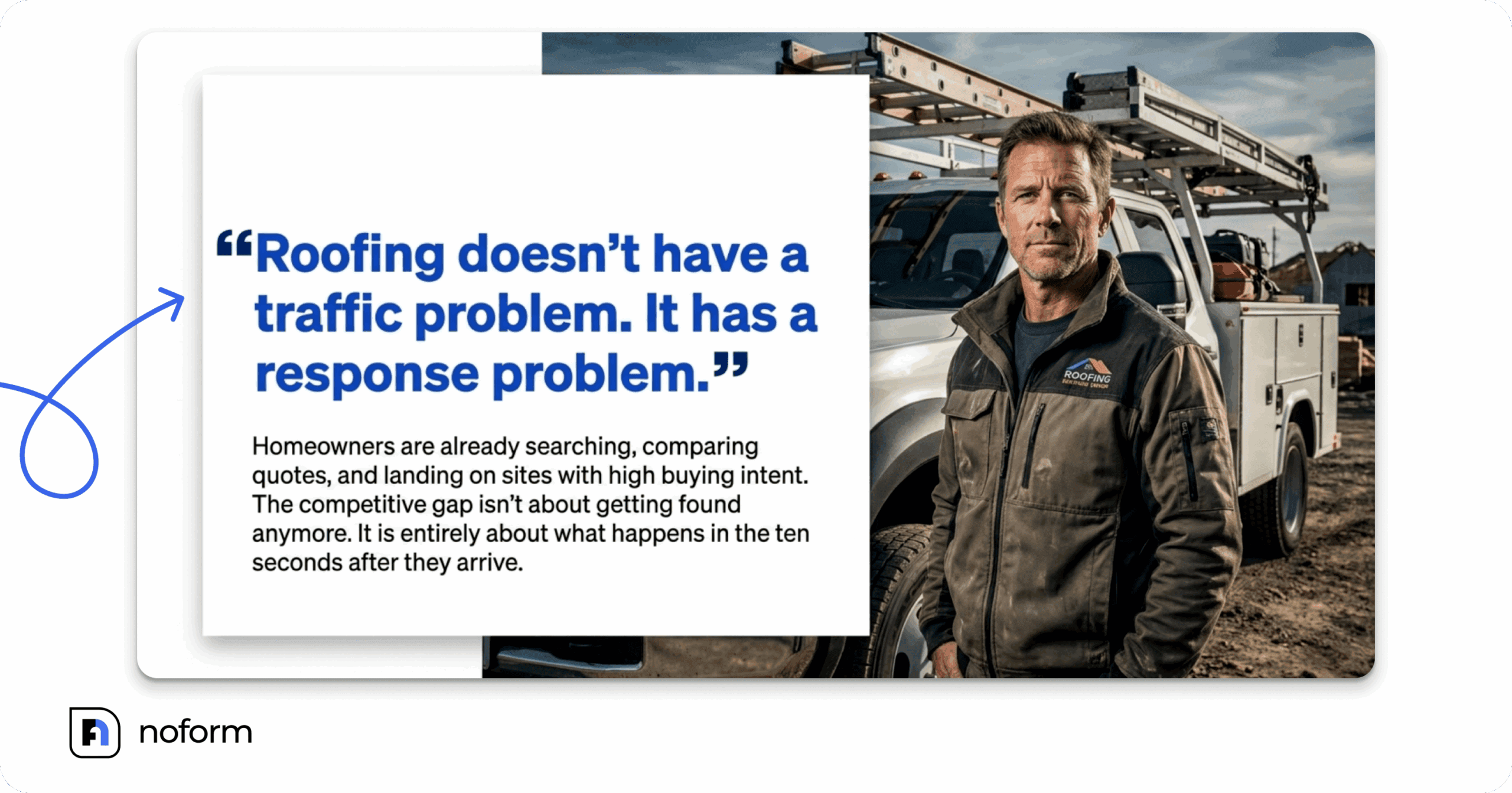 Roofing contractor standing beside a work truck with a ladder rack, next to the quote "Roofing doesn't have a traffic problem. It has a response problem."