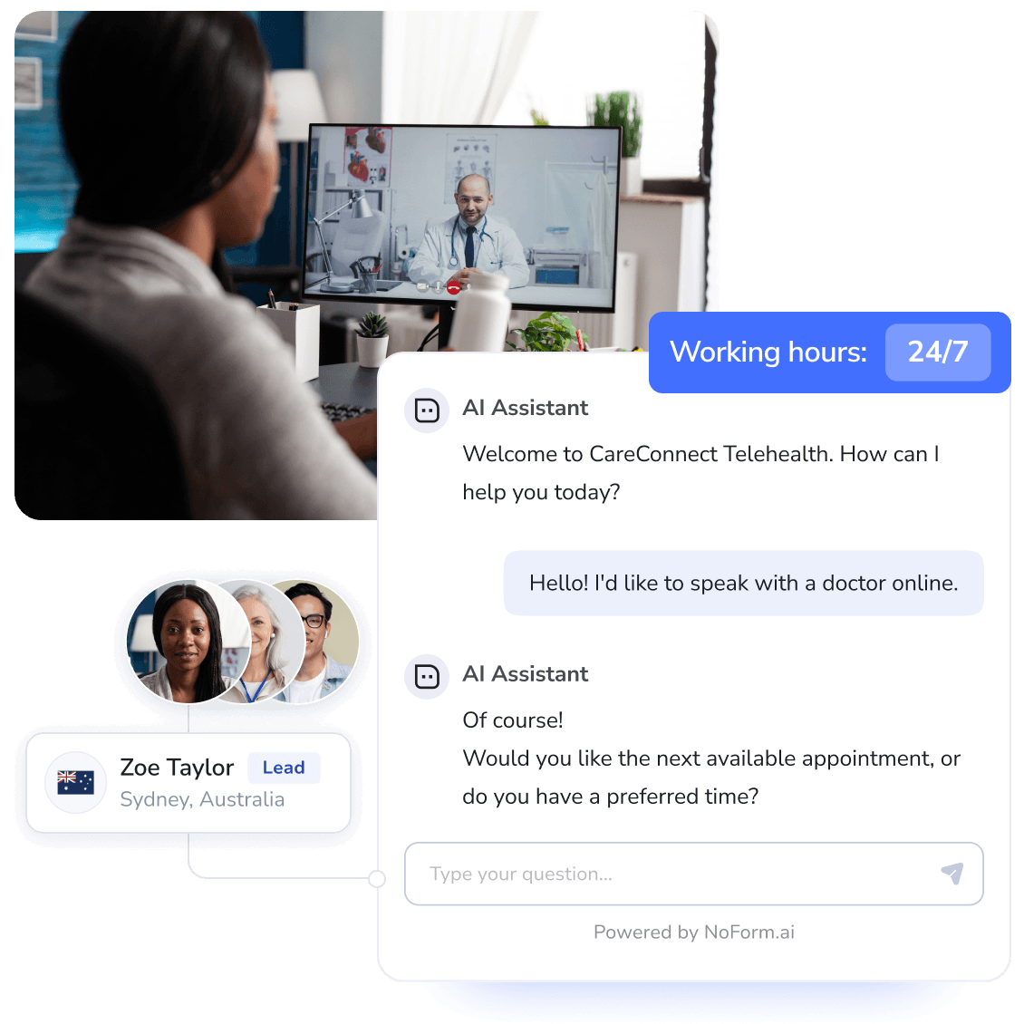 A user interacting directly with a generative telehealth chatbot, illustrating a solution designed to automate complex tasks and answer frequently asked questions, while a proactive alert system enables faster healthcare delivery and optimizes patient outcomes compared to traditional processes.