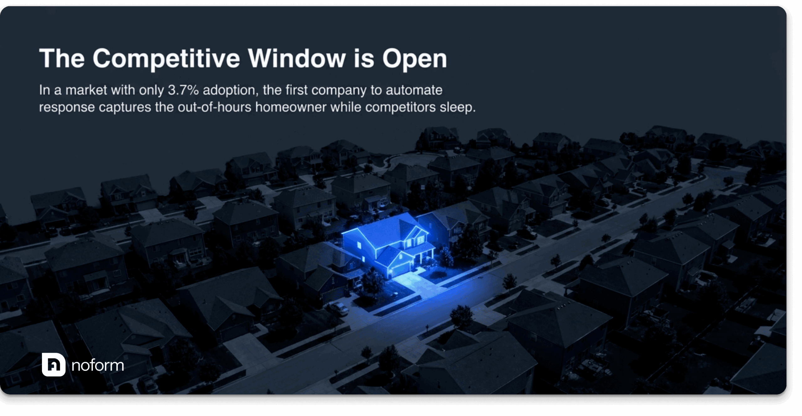 Aerial night view of a suburban neighborhood with one house glowing blue among dark homes, symbolizing the open competitive window for early AI chat adopters in roofing