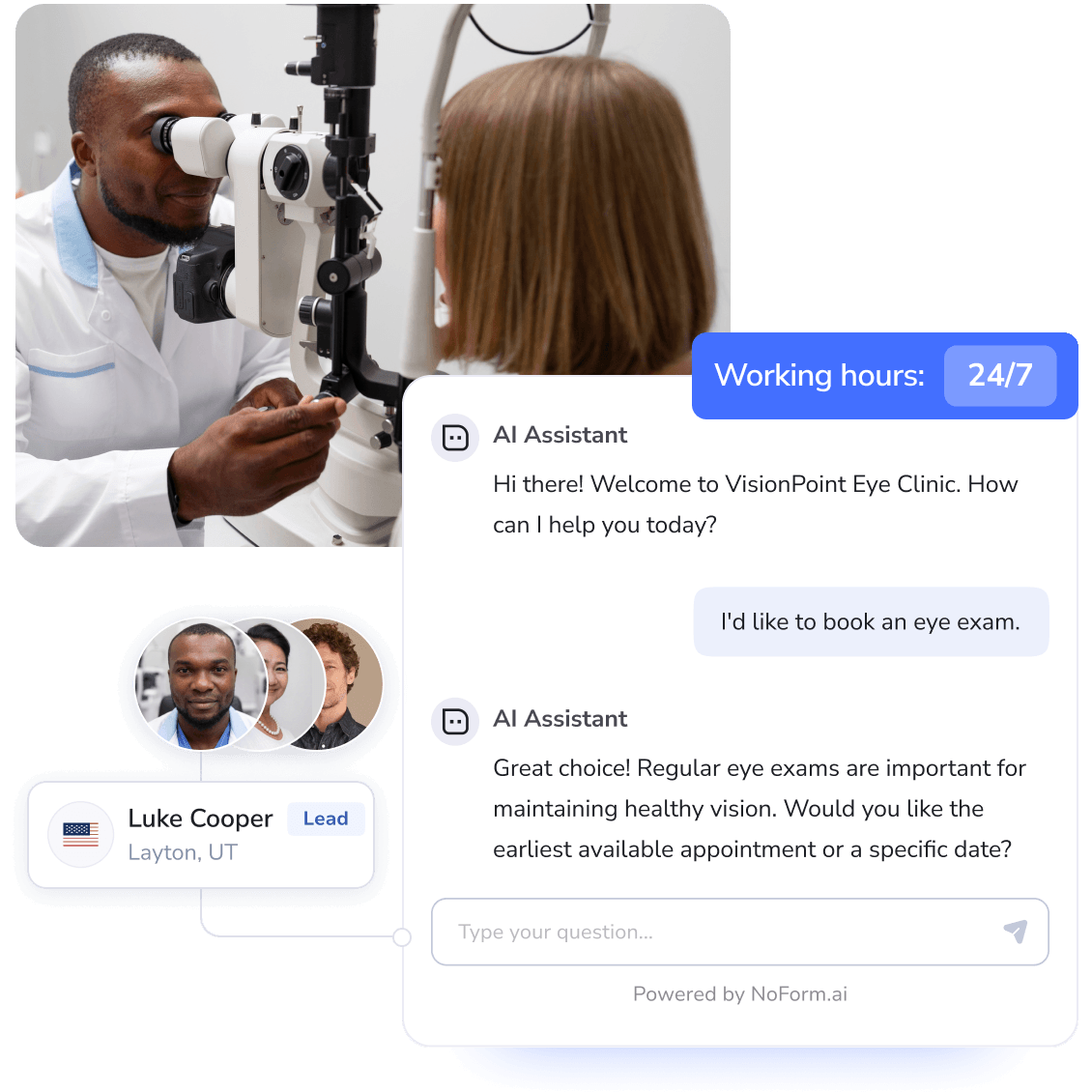 An optometrist examining a patient alongside a 24/7 eye clinic chatbot interface by NoForm.ai. The eye doctor chat shows a patient booking an exam, demonstrating how the AI chatbot for eye clinic automatically captures and organizes new patient leads.